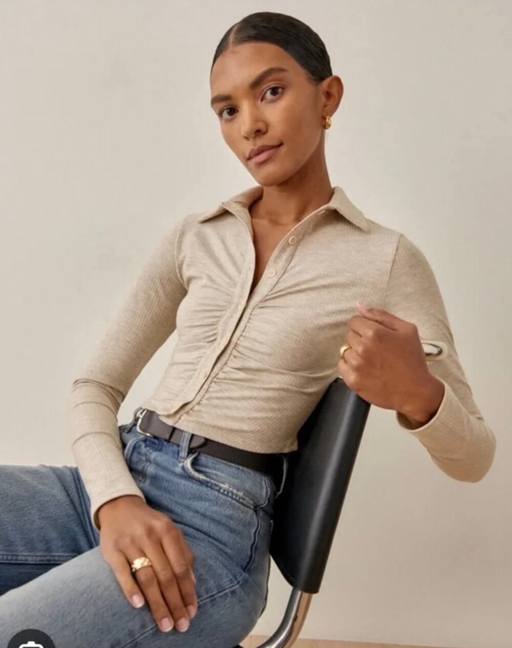 Reformation Elin Knit Button Front Top Heathered Beige Size Small